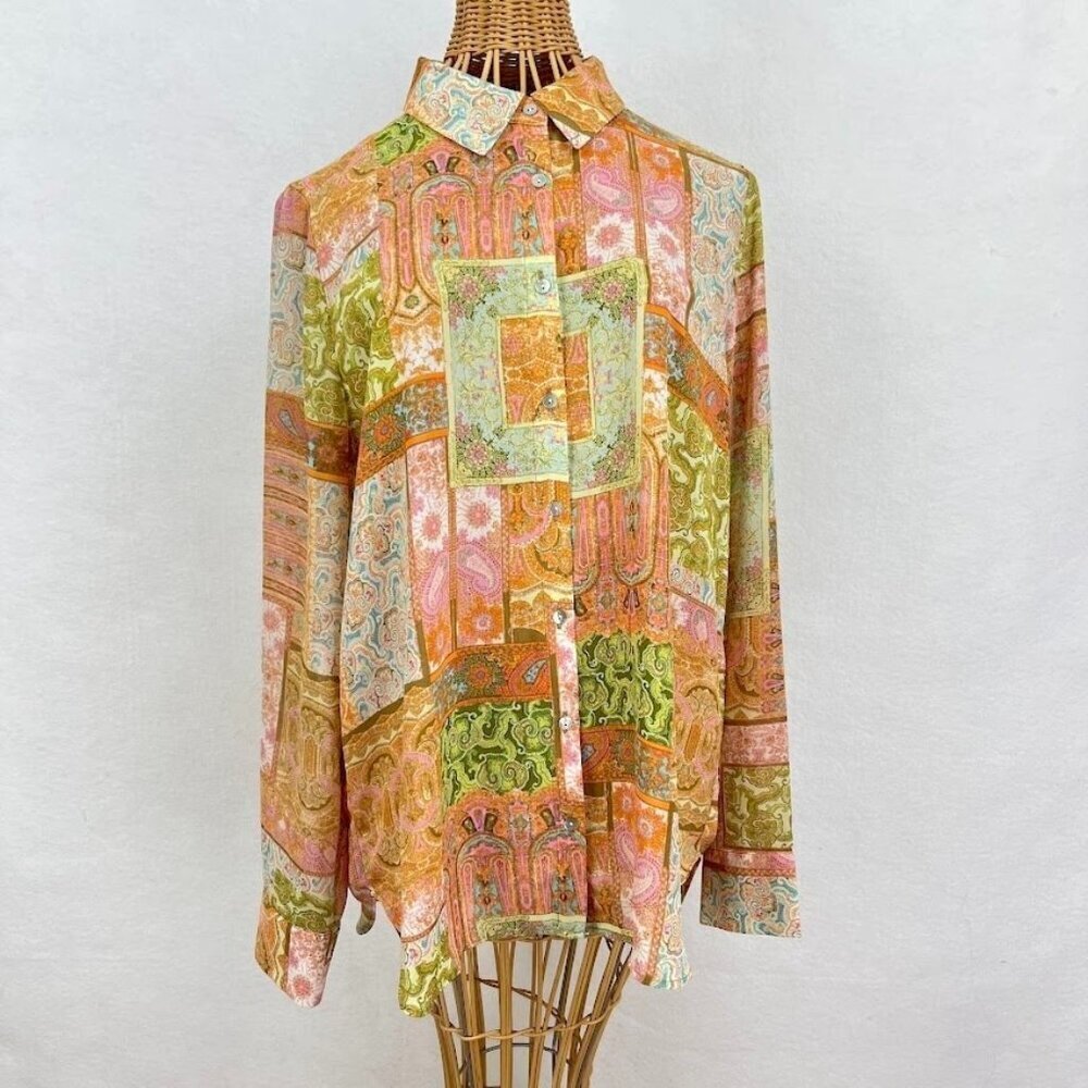 Rose + Olive Patchwork Shirt Retro 70s Hippie Peasant Granny Core Lightweight M